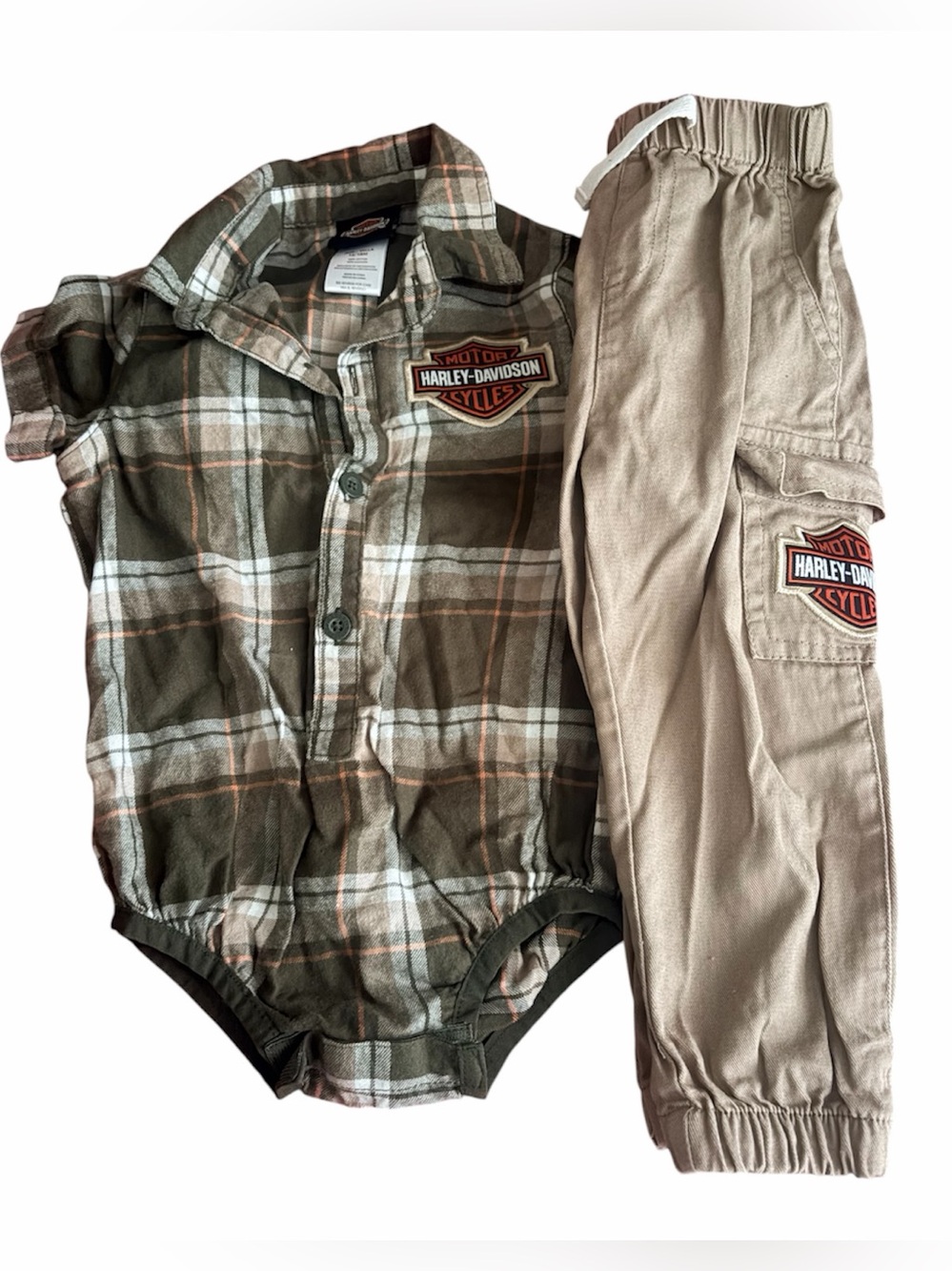 Harley-Davidson Olive Plaid Henley Bodysuit with Tan Cargo Pants 12-18 mos